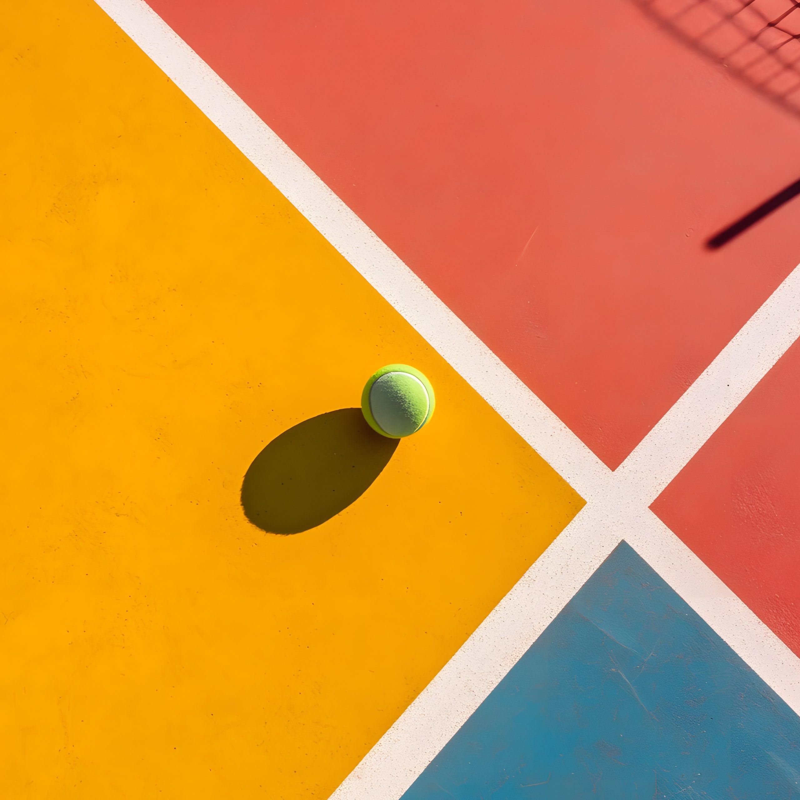 tennis ball casting a shadow on bright colored court