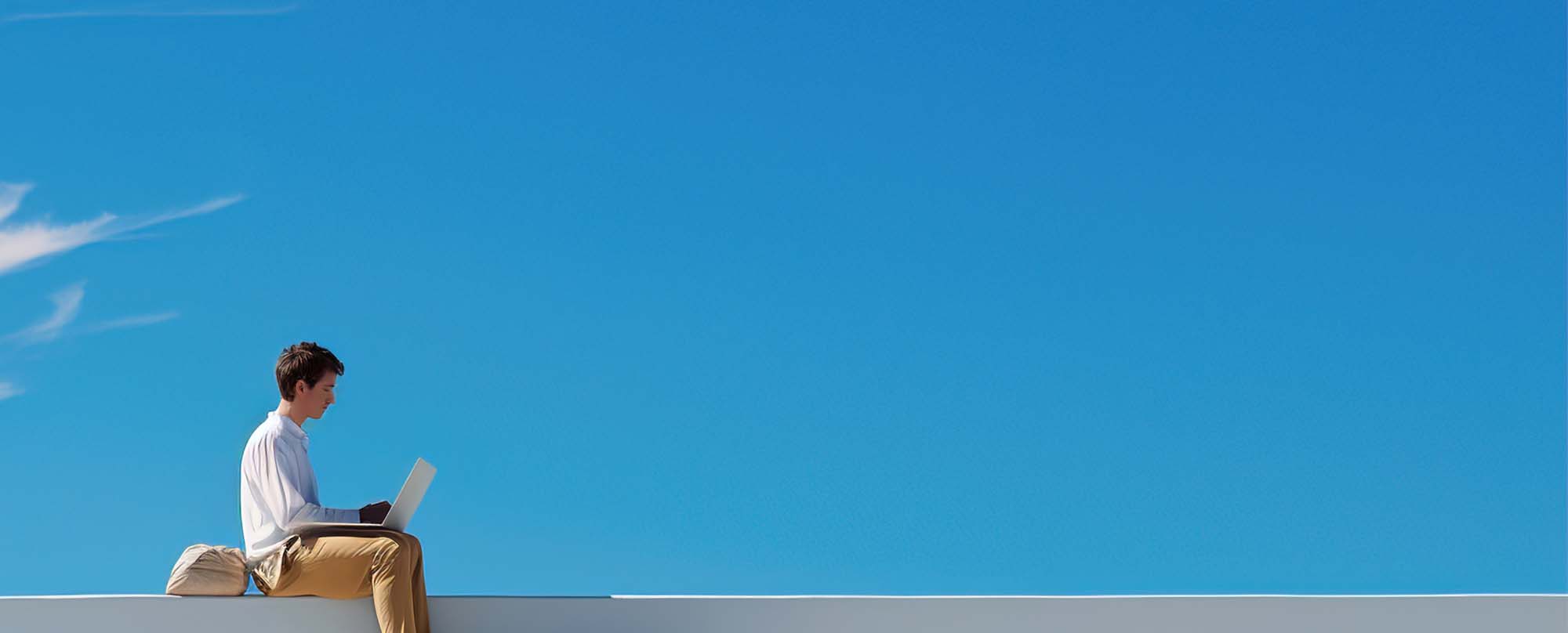 Man working on a laptop. Blue and yellow minimalism.