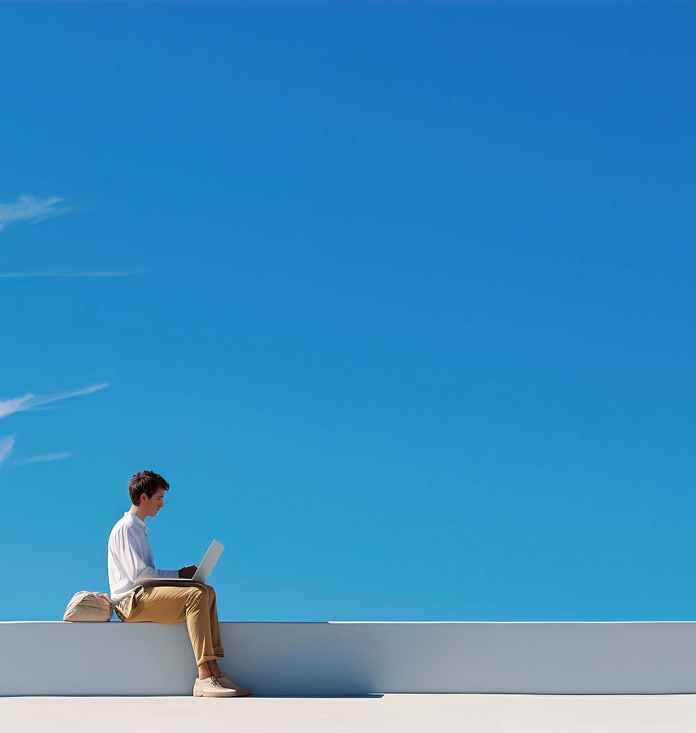 Man working on a laptop. Blue and yellow minimalism.