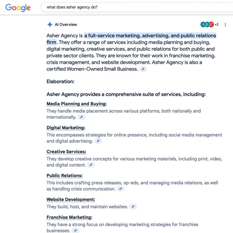 A screenshot of Google AI search results for the question "What does Asher Agency do?"