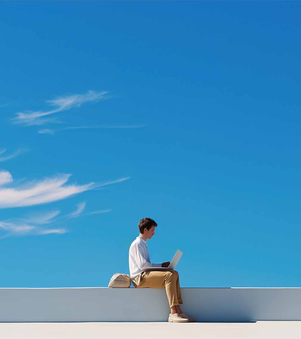Man working on a laptop. Blue and yellow minimalism.