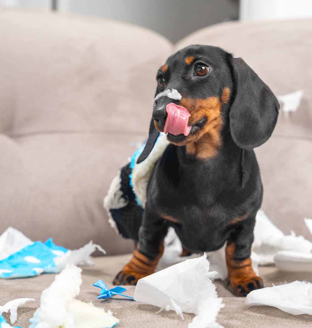 Cute dog chewing on trash