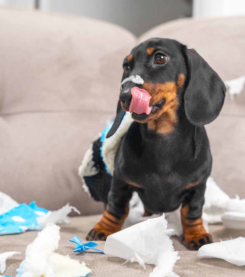 Cute dog licking lips after chewing something