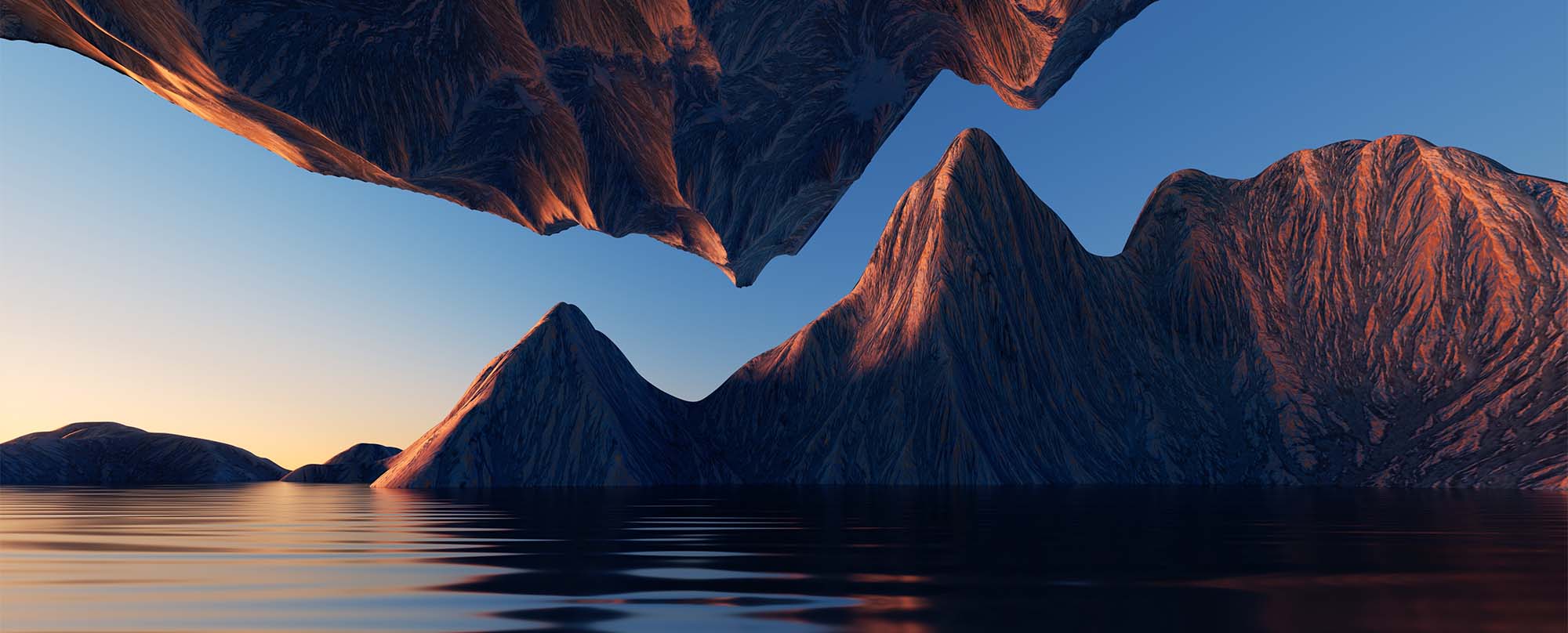 3d render, fantasy landscape panorama with mountains reflecting in the water. Abstract background. Spiritual zen wallpaper with skyline