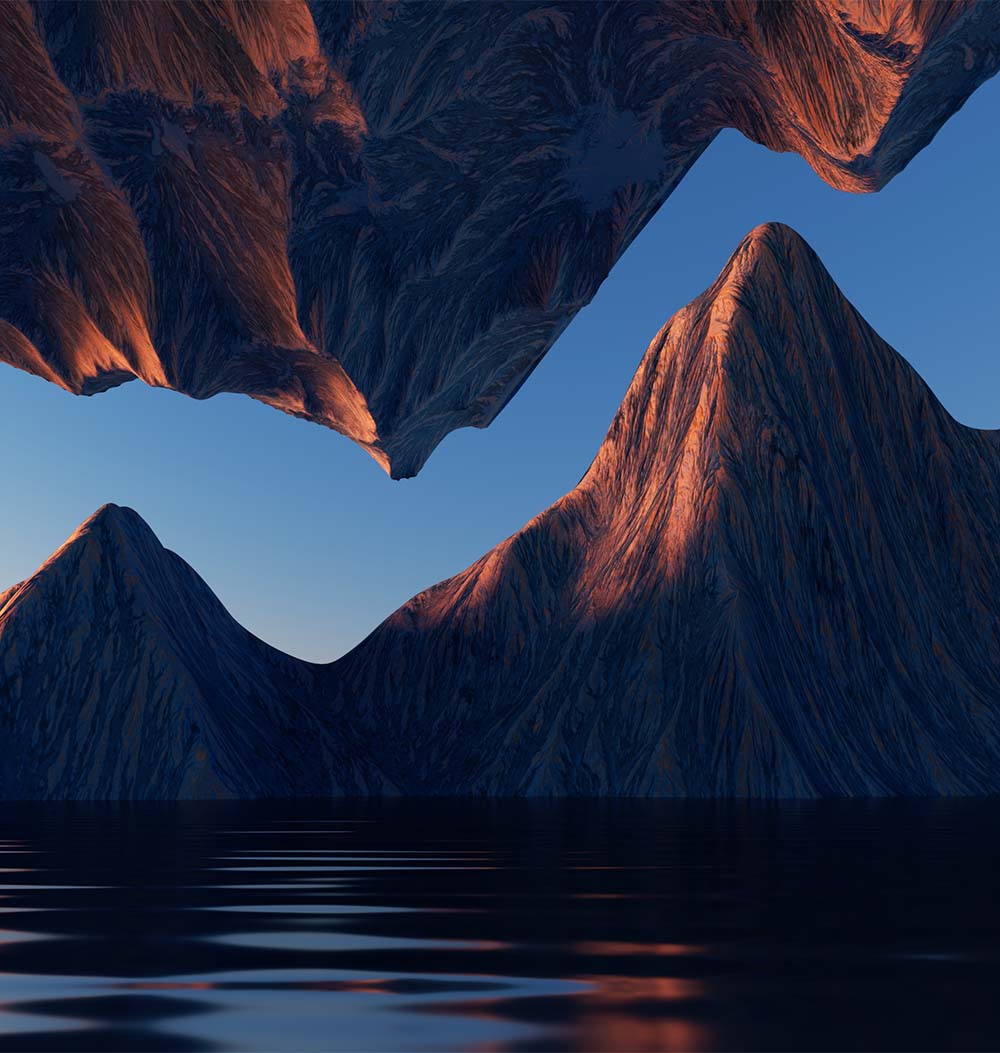 3d render, fantasy landscape panorama with mountains reflecting in the water. Abstract background. Spiritual zen wallpaper with skyline