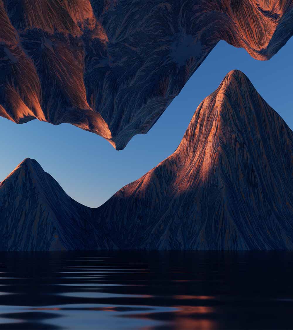 3d render, fantasy landscape panorama with mountains reflecting in the water. Abstract background. Spiritual zen wallpaper with skyline