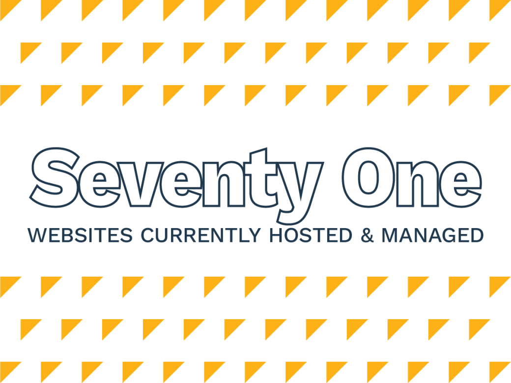 The stat "Seventy One Websites Currently Hosted & Managed" is centered with lines of triangles above and below it.