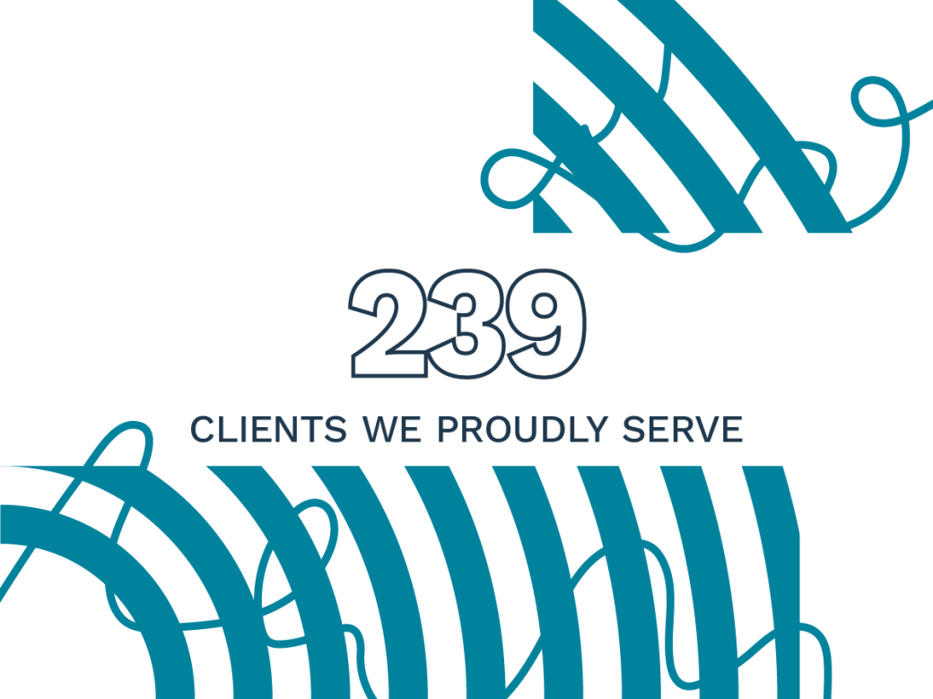 The stat "239 Clients We Proudly Serve" with concentric circles above and below it. There are also two squiggly lines added as an accent.