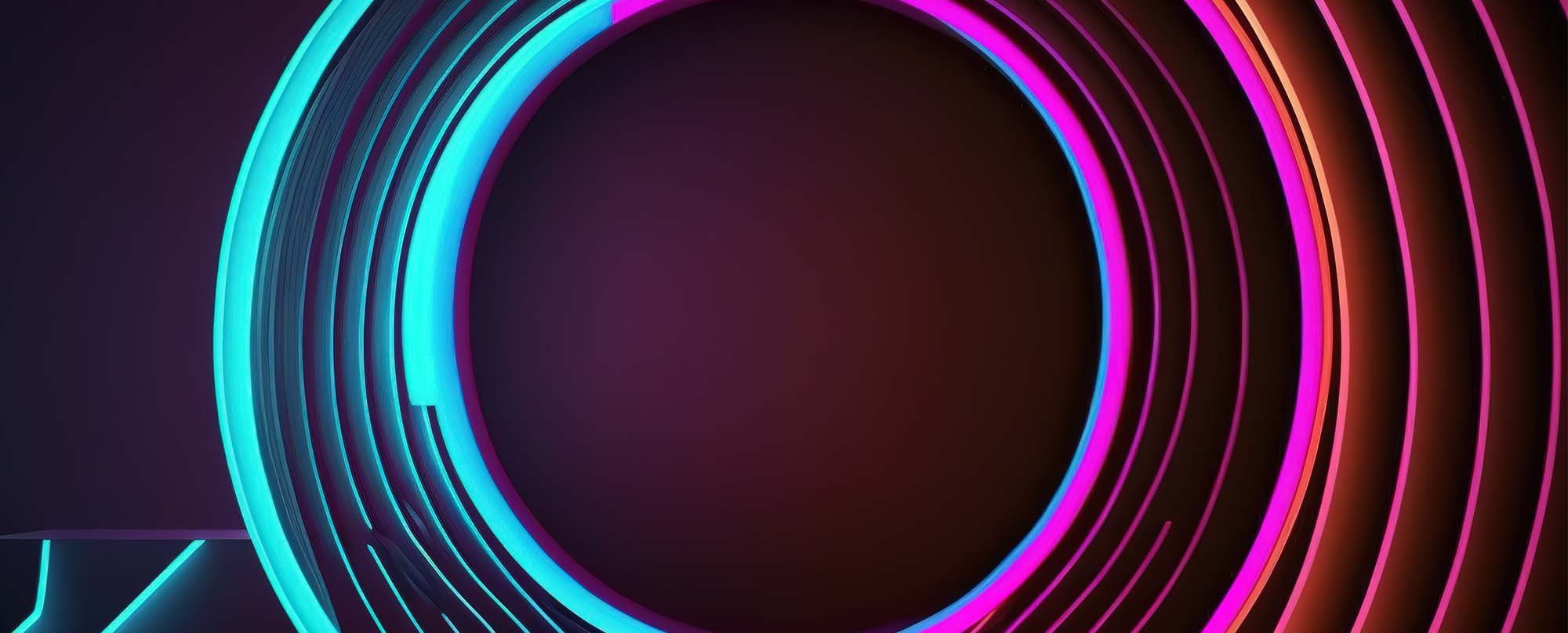 3d rendering, rounded pink blue neon lines, glowing in the dark. Abstract minimalist geometric background. Ultraviolet spectrum. Cyber space.