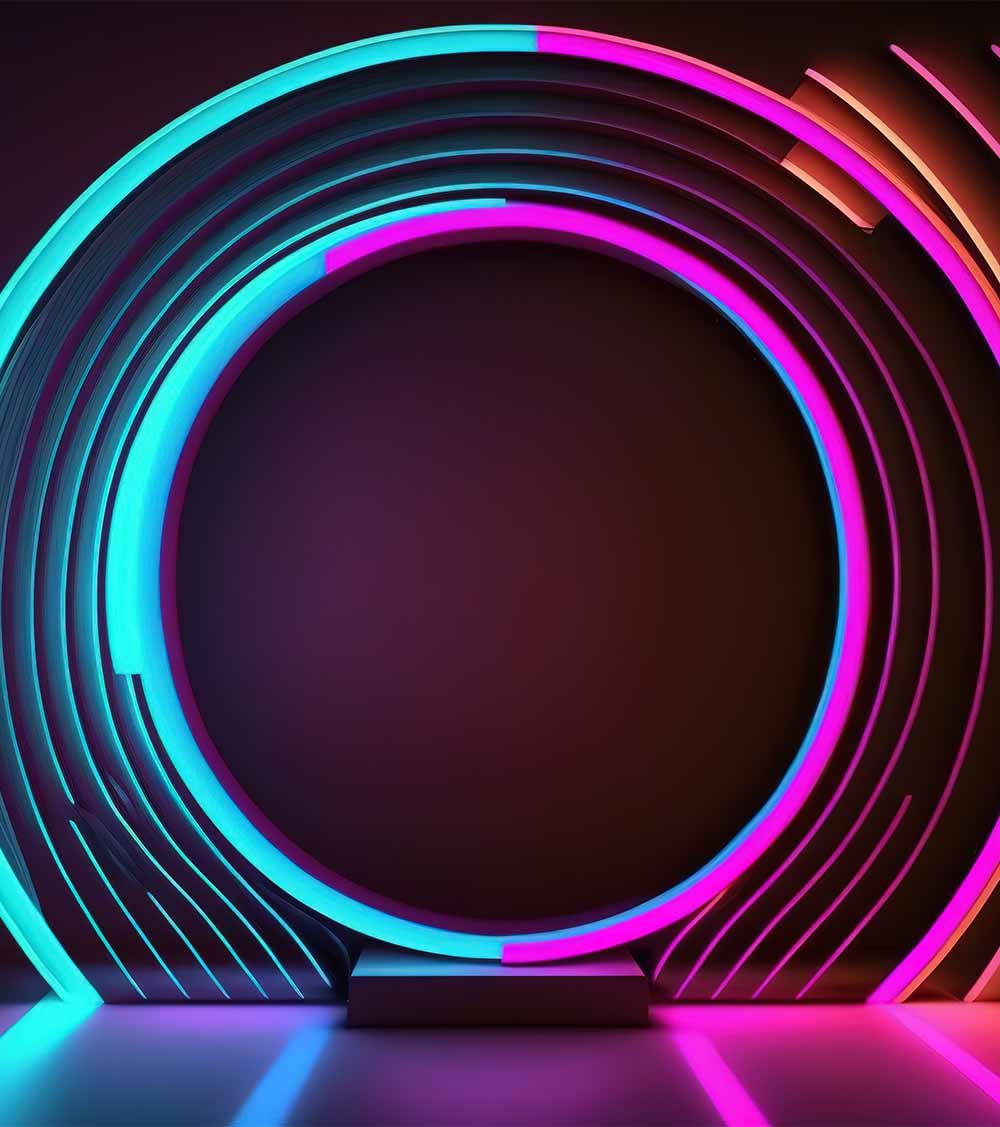 3d rendering, rounded pink blue neon lines, glowing in the dark. Abstract minimalist geometric background. Ultraviolet spectrum. Cyber space.