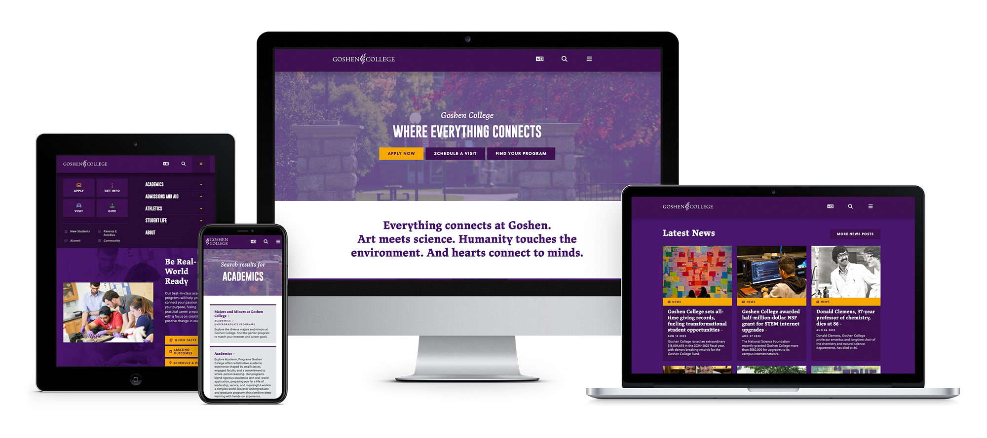 Goshen College website on different screen sizes