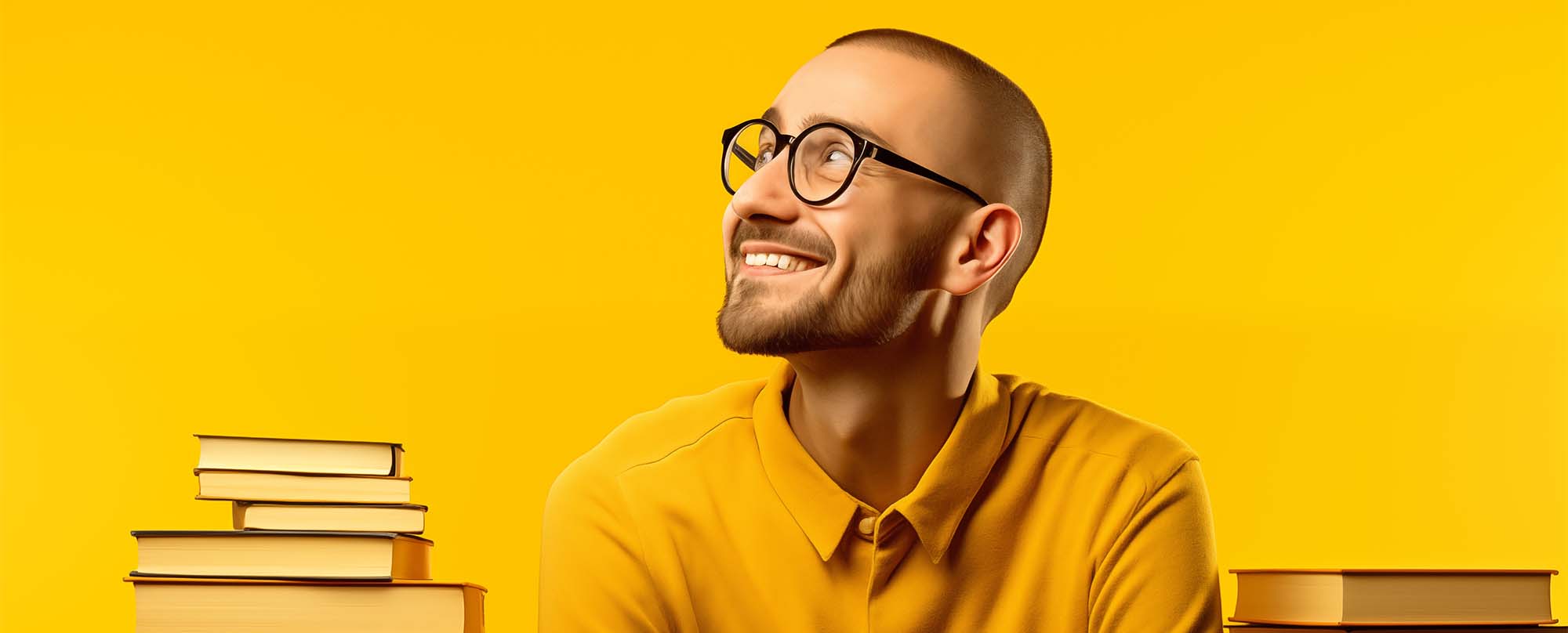 A man is sitting looking up at a stack of books in a yellow background, in the style of minimalist graphic designer, joyful and optimistic.