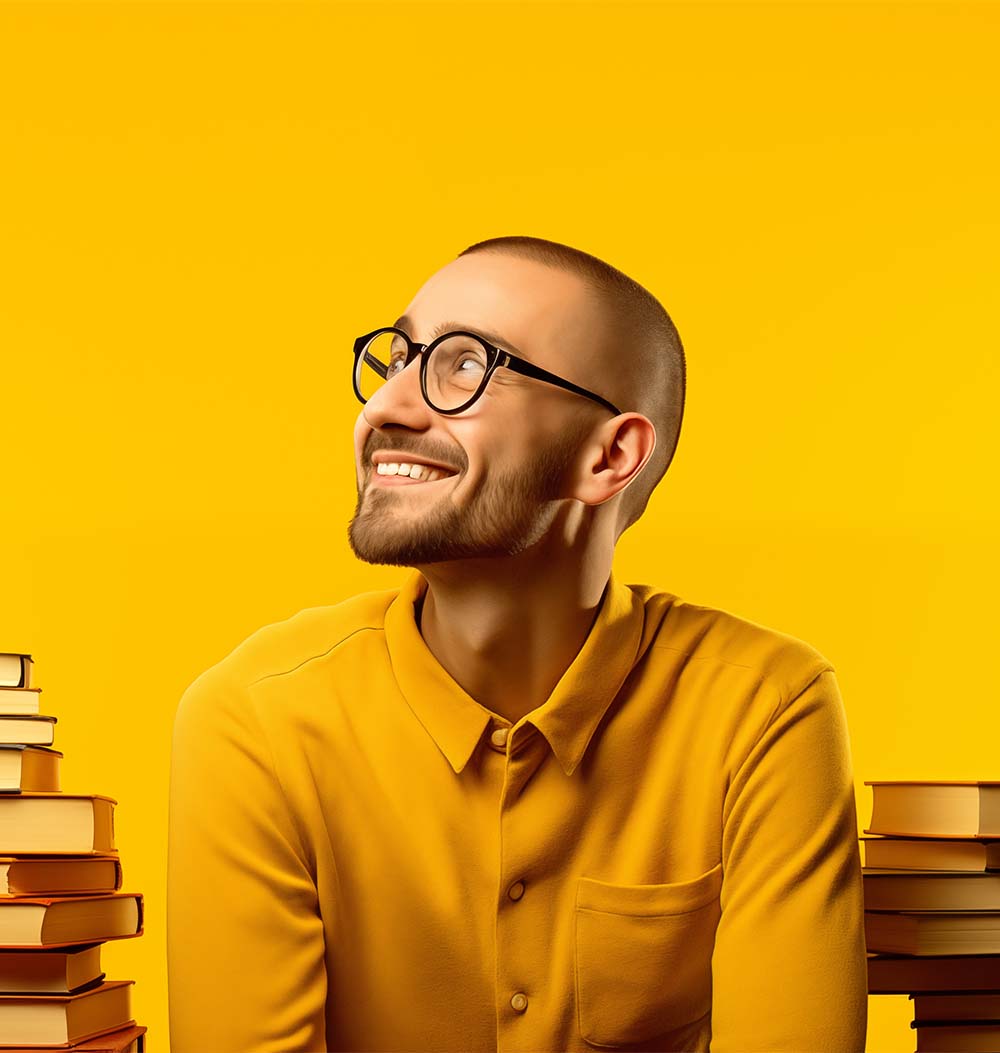 A man is sitting looking up at a stack of books in a yellow background, in the style of minimalist graphic designer, joyful and optimistic.