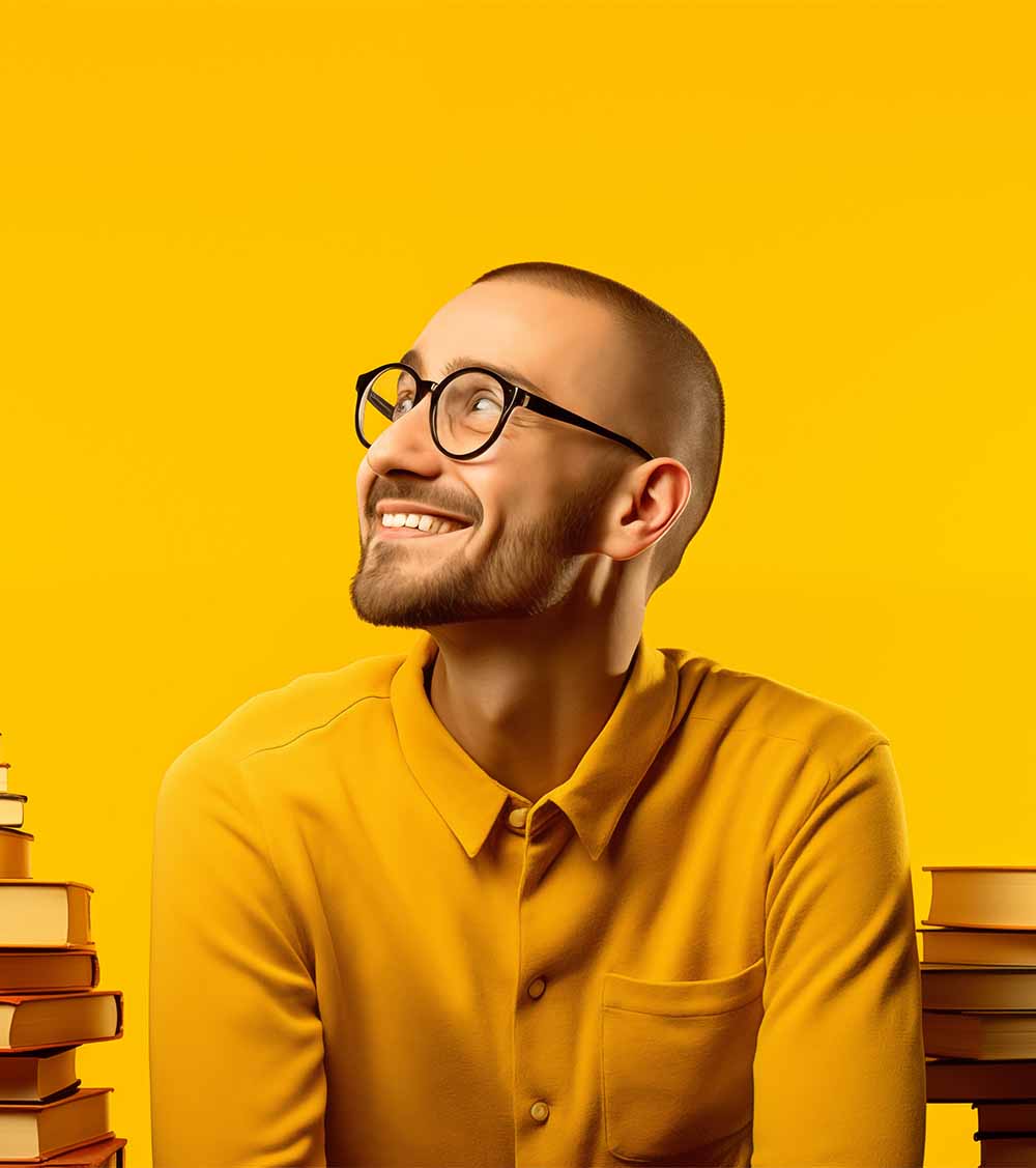 A man is sitting looking up at a stack of books in a yellow background, in the style of minimalist graphic designer, joyful and optimistic.