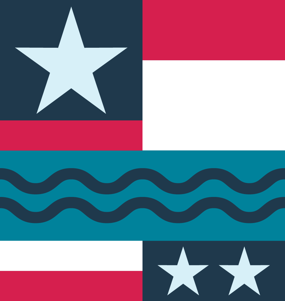 Abstract assembly of shapes reminiscent of the American flag.