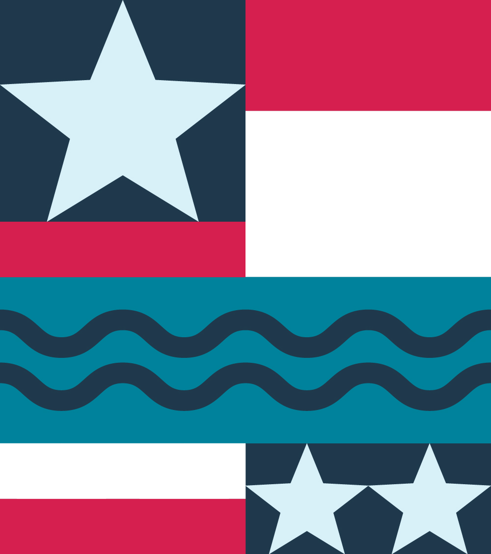 Abstract assembly of shapes reminiscent of the American flag.