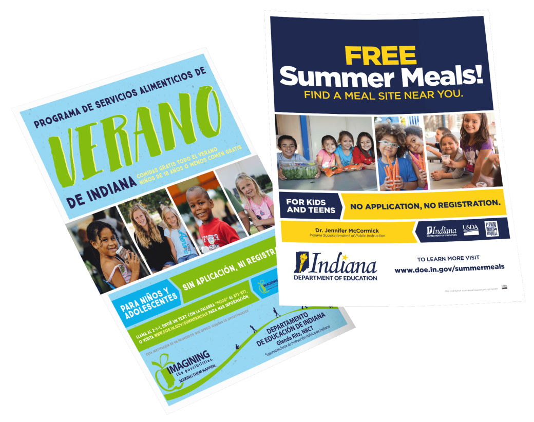 Posters for the Indiana Department of Education's summer meals programs. One is in Spanish and the other is in English.