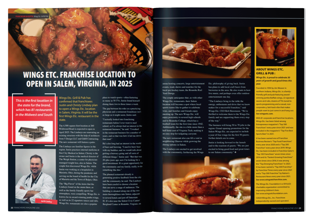 Magazine spread for Wings Etc. in Franchising Magazine USA.
