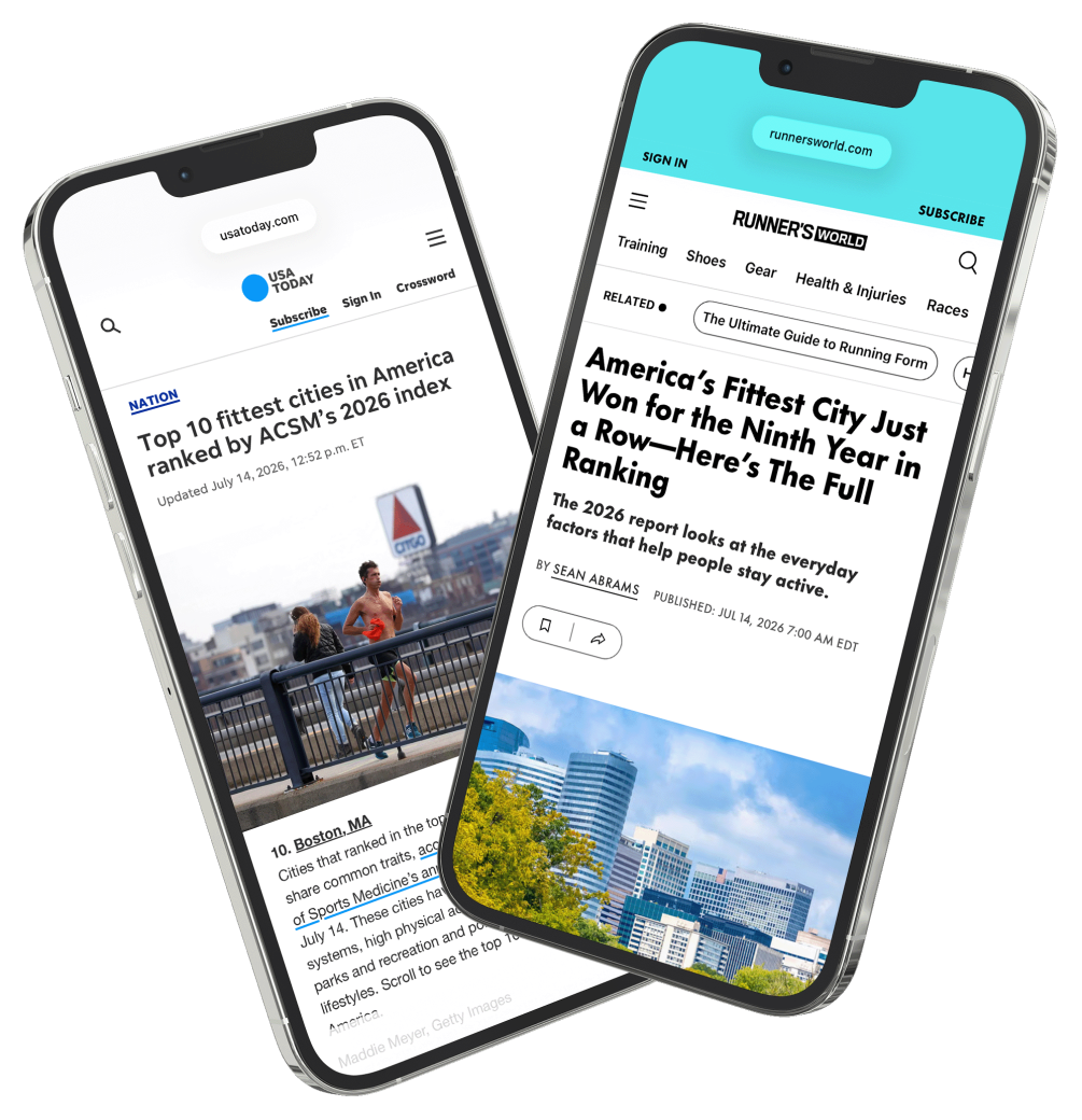 Phones displaying articles in USA Today and Runner's World about America's Fittest City index.