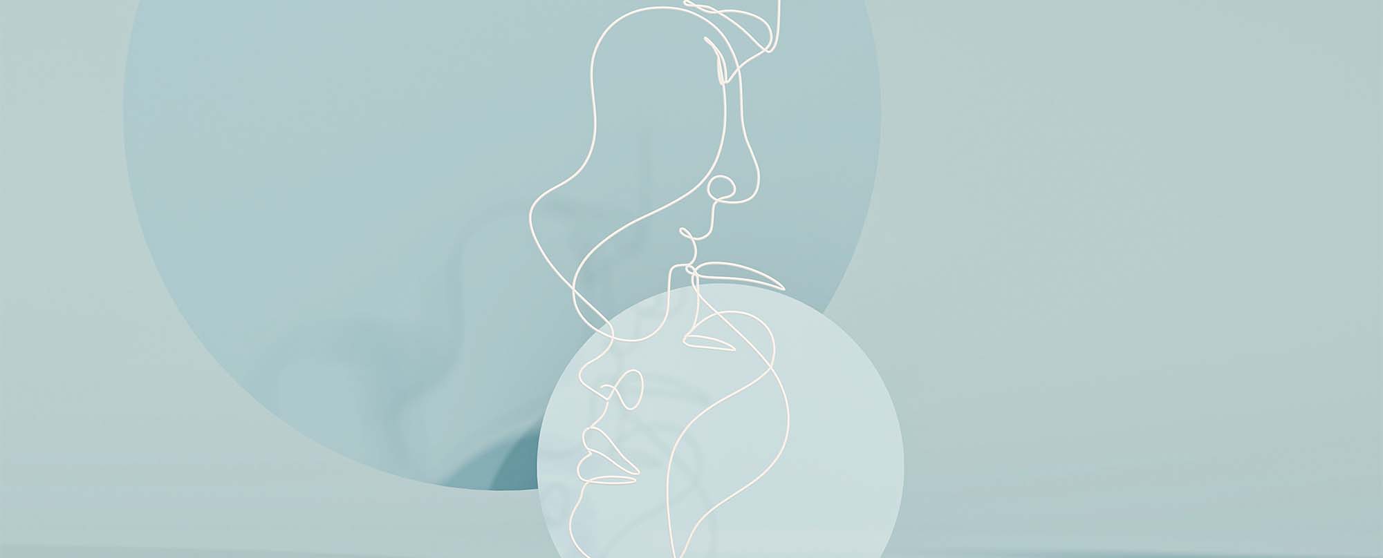 Pastel background, line art portrait of woman and man embracing.