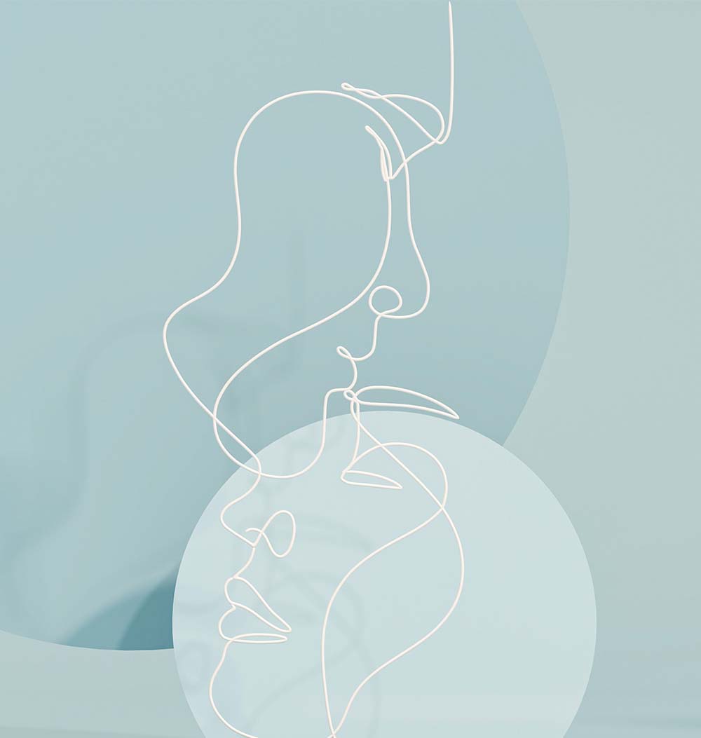 Pastel background, line art portrait of woman and man embracing.