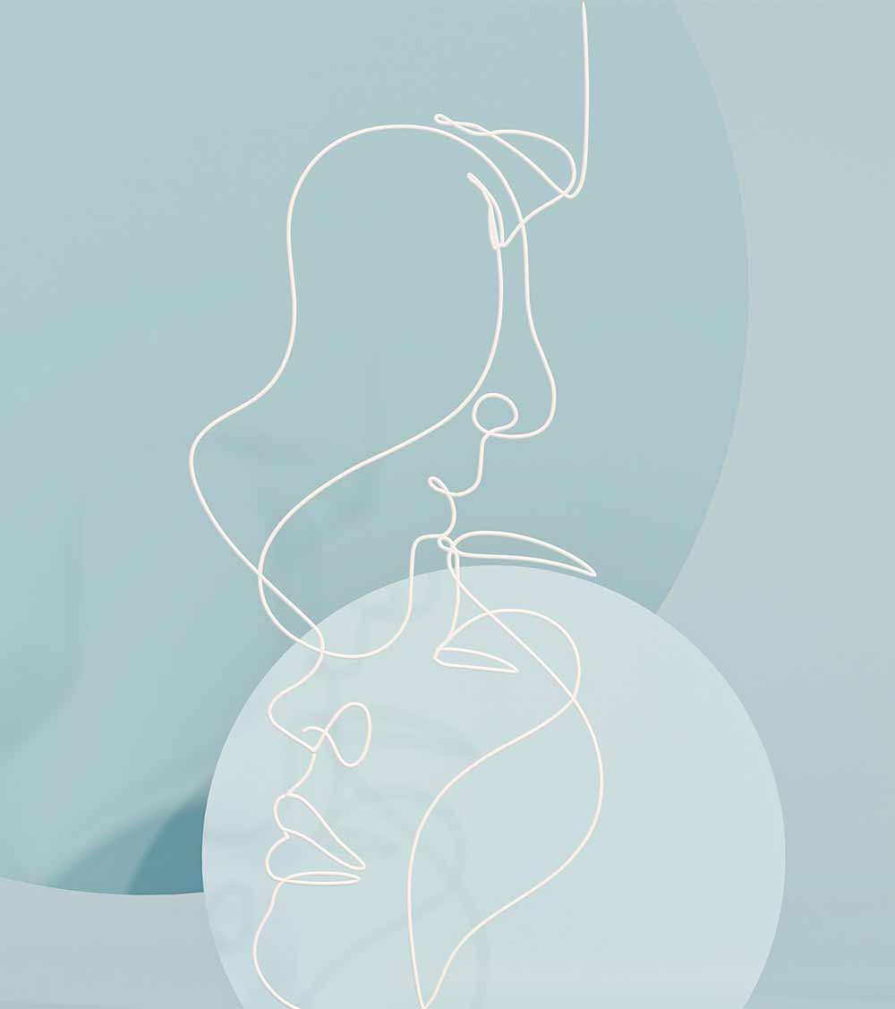 Pastel background, line art portrait of woman and man embracing.