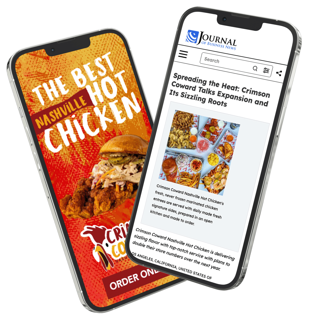 Phones displaying article in Journal of Business News about Crimson Coward.