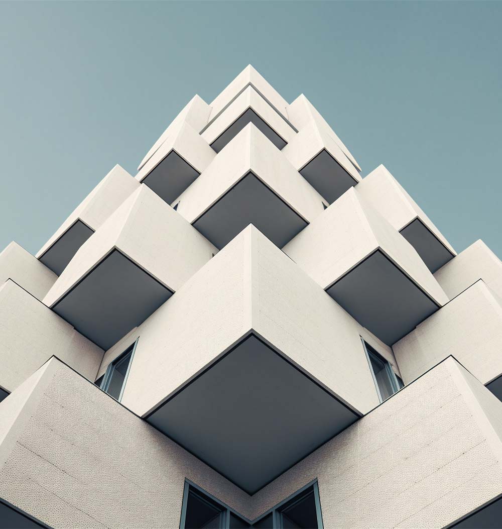 Perspective of modern glass and concrete building.